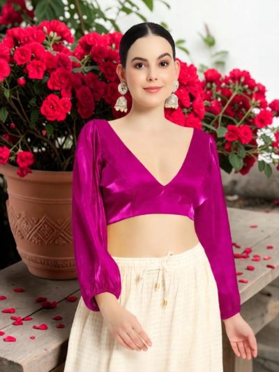 Magenta V Neck Full Sleeves Blouse with Organza Fabric