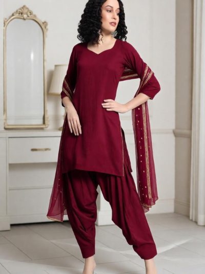 Adaa Bazaar Women's Wine Long Kurti -Pant with Dupatta
