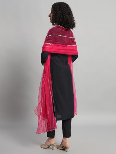 Adaa Bazaar Women's Readymade Suit (black) with Dupatta (pink)