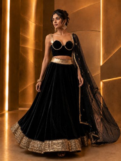 Adaa Bazaar Women’s Designer Velvet Lehenga Choli Set with Dupatta