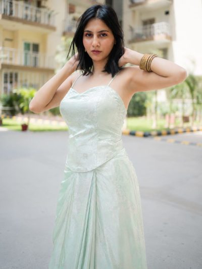 Adaa Designer Organza Drape Skirt with Sweetheart Neck Corset Blouse & Organza Dupatta