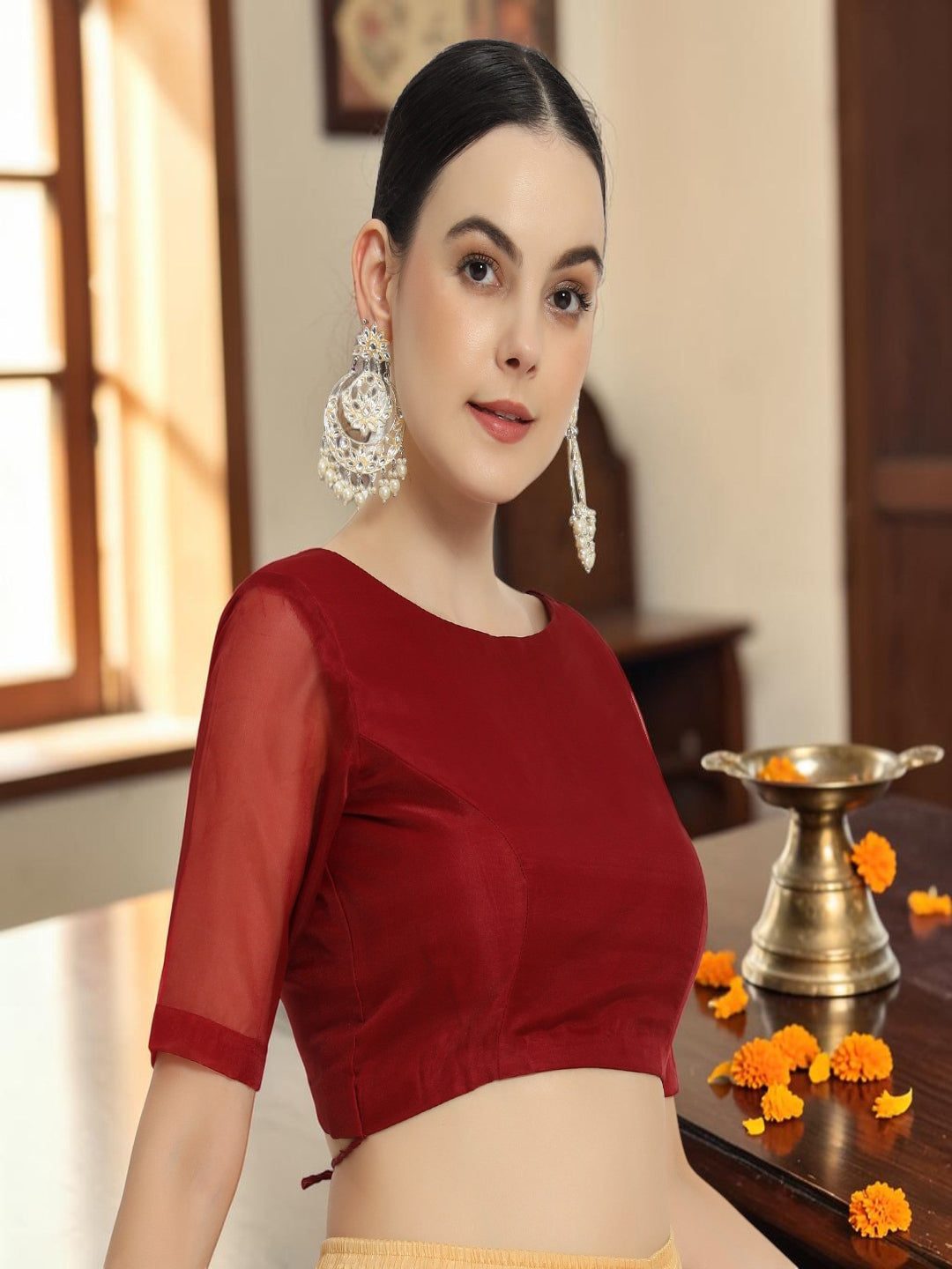Adaa Bazaar Women's Readymade Red Blouse with Half Sleeves