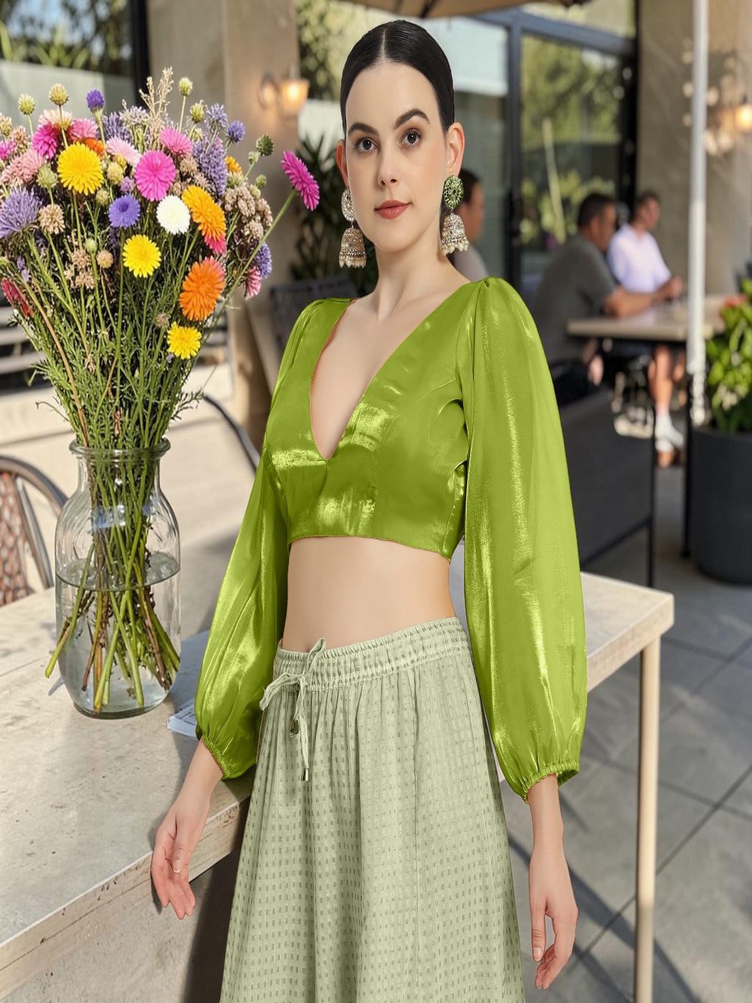 Neon V Neck Full Sleeves Blouse with Organza Fabric