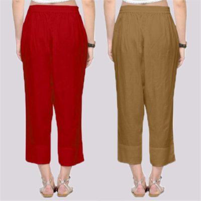 Adaa Bazaar Women's Combo of 2 Rayon Ankle Length Pant Red and Beige