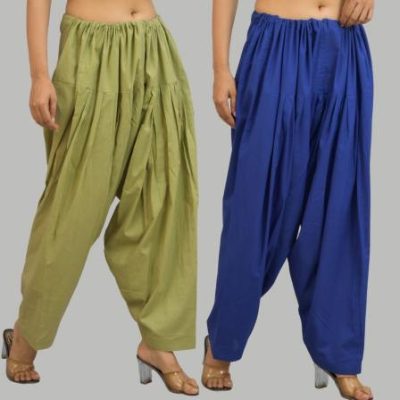 Adaa Bazaar Women's Cotton Patiala Salwar Olive Green and Royal Blue