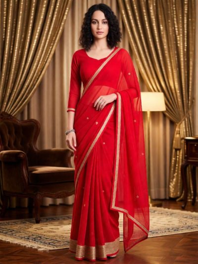 Adaa Bazaar Women's Red Ready-To-Wear Saree with Stitched Blouse