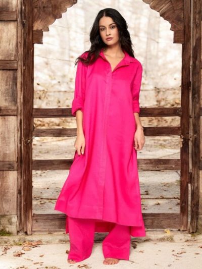 Adaa Bazaar Women's Magenta Long Sleeves with Smart Cut Straight Kurta with Tonal Solid Bottom