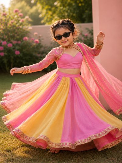 Adaa Bazaar Girls Pink & Yellow Hand Embroidery Lehenga Choli Set | Lightweight Festive Wear