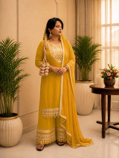 Adaa Bazaar Women's Yellow Colour Sequin and Mirror Work Suits with Dupatta