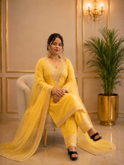 Adaa Bazaar Women's Yellow Elegant Party Wear and Haldi Function Dress