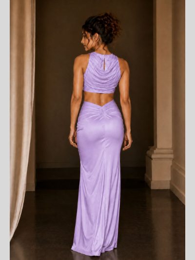 Adaa Bazaar Satin Draped Skirt Set with Ruched Halter Neck Crop Top