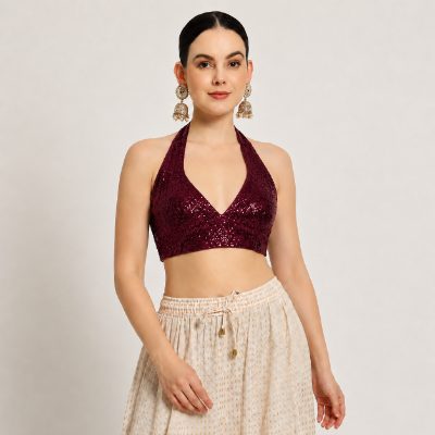 Adaa Bazaar Sequins Party Wear Cut Sleeves Stitched Halter Neck Blouse