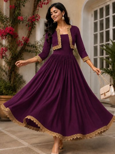 Adaa Bazaar Women's Cotton Cambric Calf-Length Dress with Half Jacket