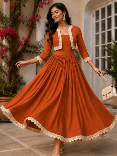 Adaa Bazaar Women's Cotton Cambric Calf-Length Dress with Half Jacket