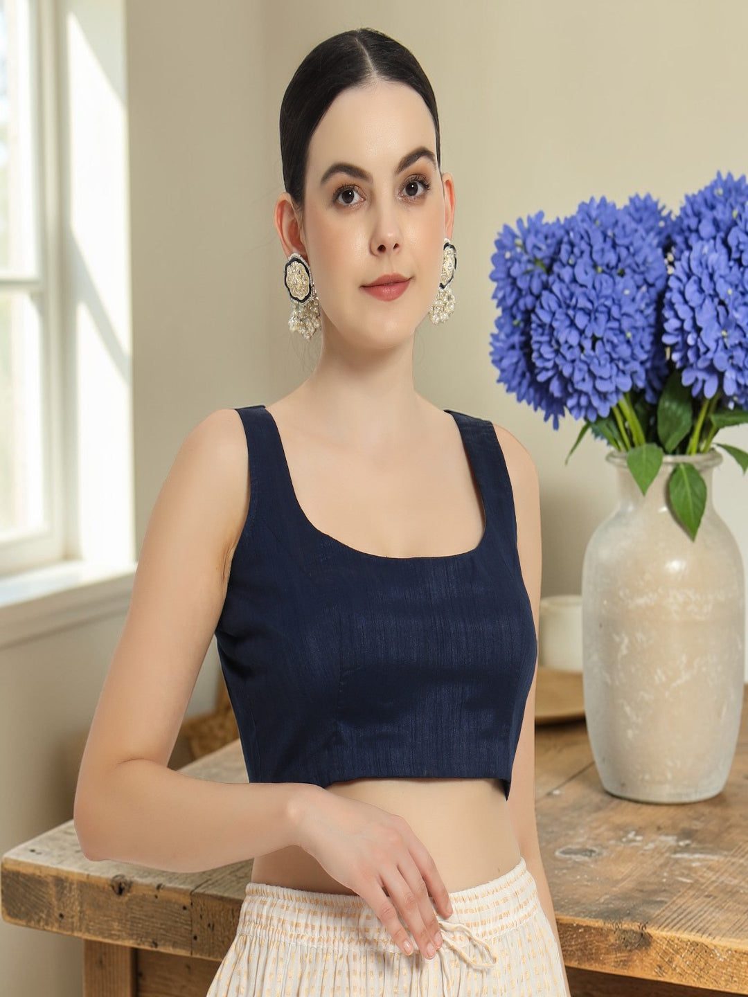 Adaa Bazaar Women's Readymade Blue Silk Blouse
