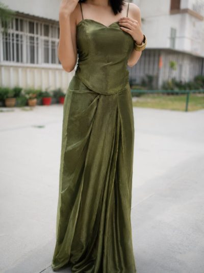 Adaa Designer Organza Drape Skirt with Sweetheart Neck Corset Blouse & Organza Dupatta
