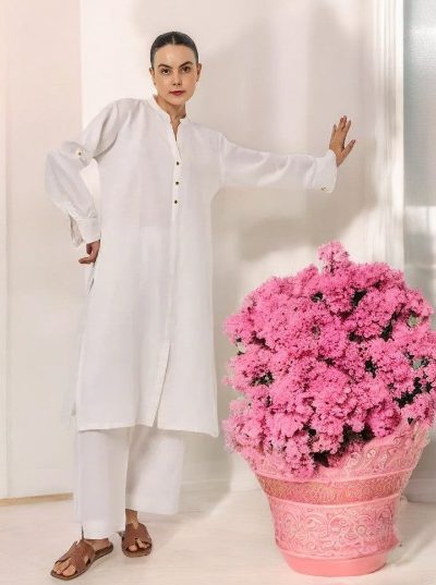 Adaa Bazaar Women's White Long Sleeves with Smart Cut Straight Kurta with Tonal Solid Bottom