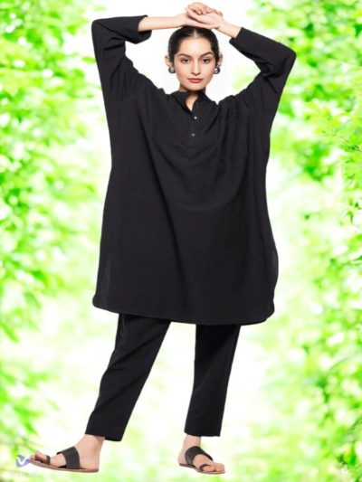 Adaa Bazaar Women's Black Long Sleeves with Smart Cut Straight Kurta with Tonal Solid Bottom