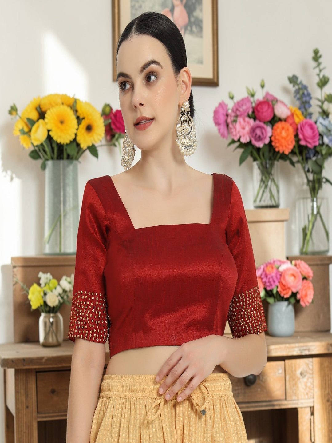 Adaa Bazaar Women's Handmade Red Blouse with Stone Work Half Sleeves