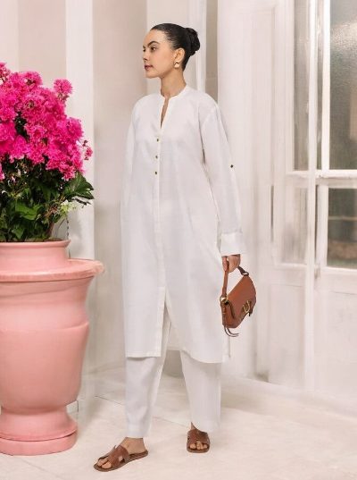 Adaa Bazaar Women's White Long Sleeves with Smart Cut Straight Kurta with Tonal Solid Bottom