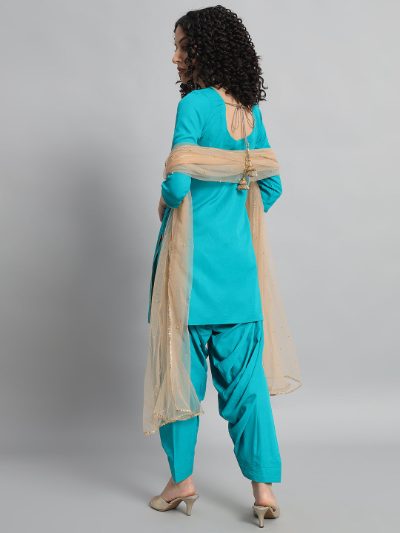 Adaa Bazaar Women's Readymade Patiala Suit (firozi) with Light Gold Dupatta