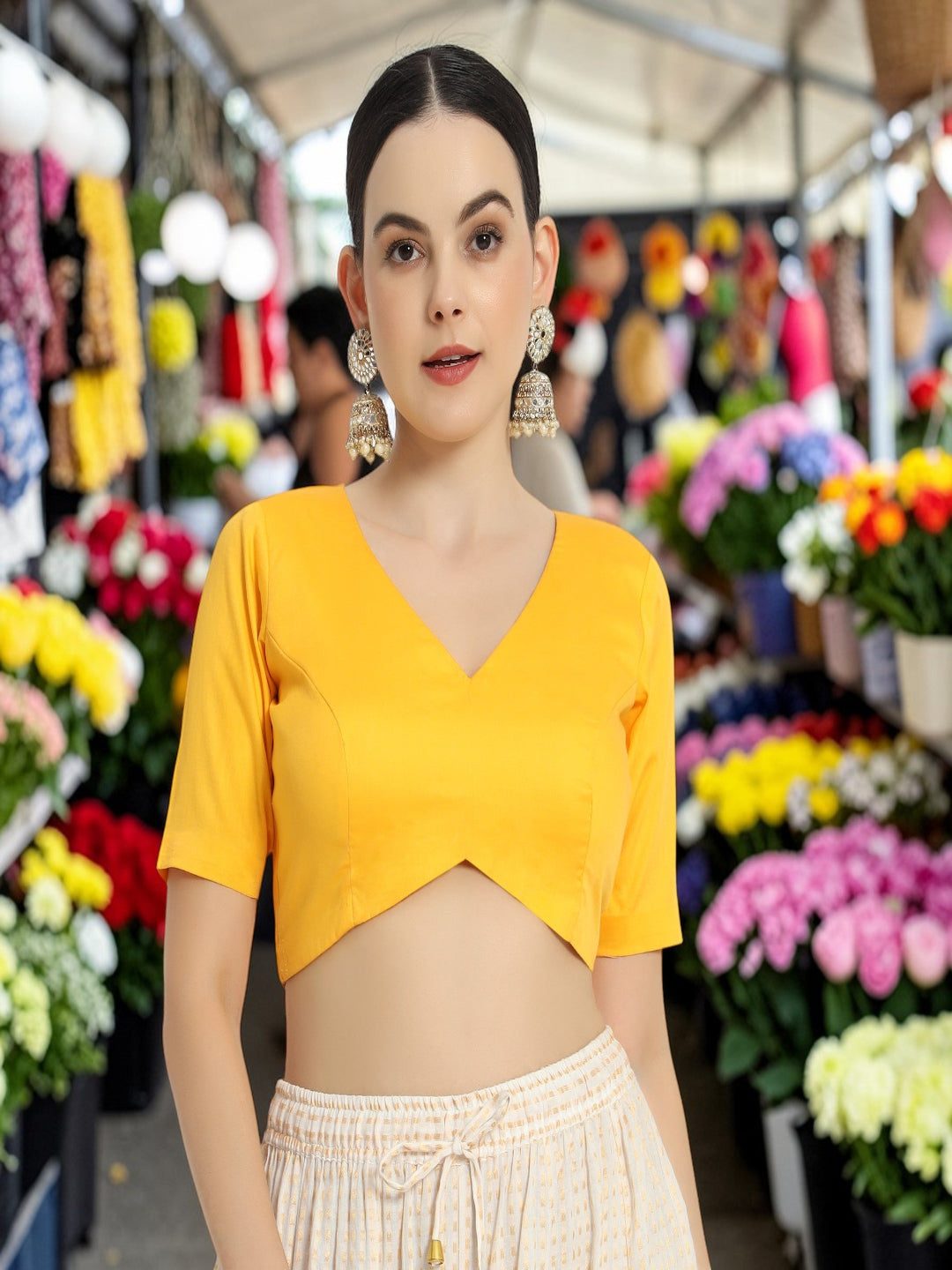 Adaa Bazaar Women's Readymade Yellow Blouse with Half Sleeves