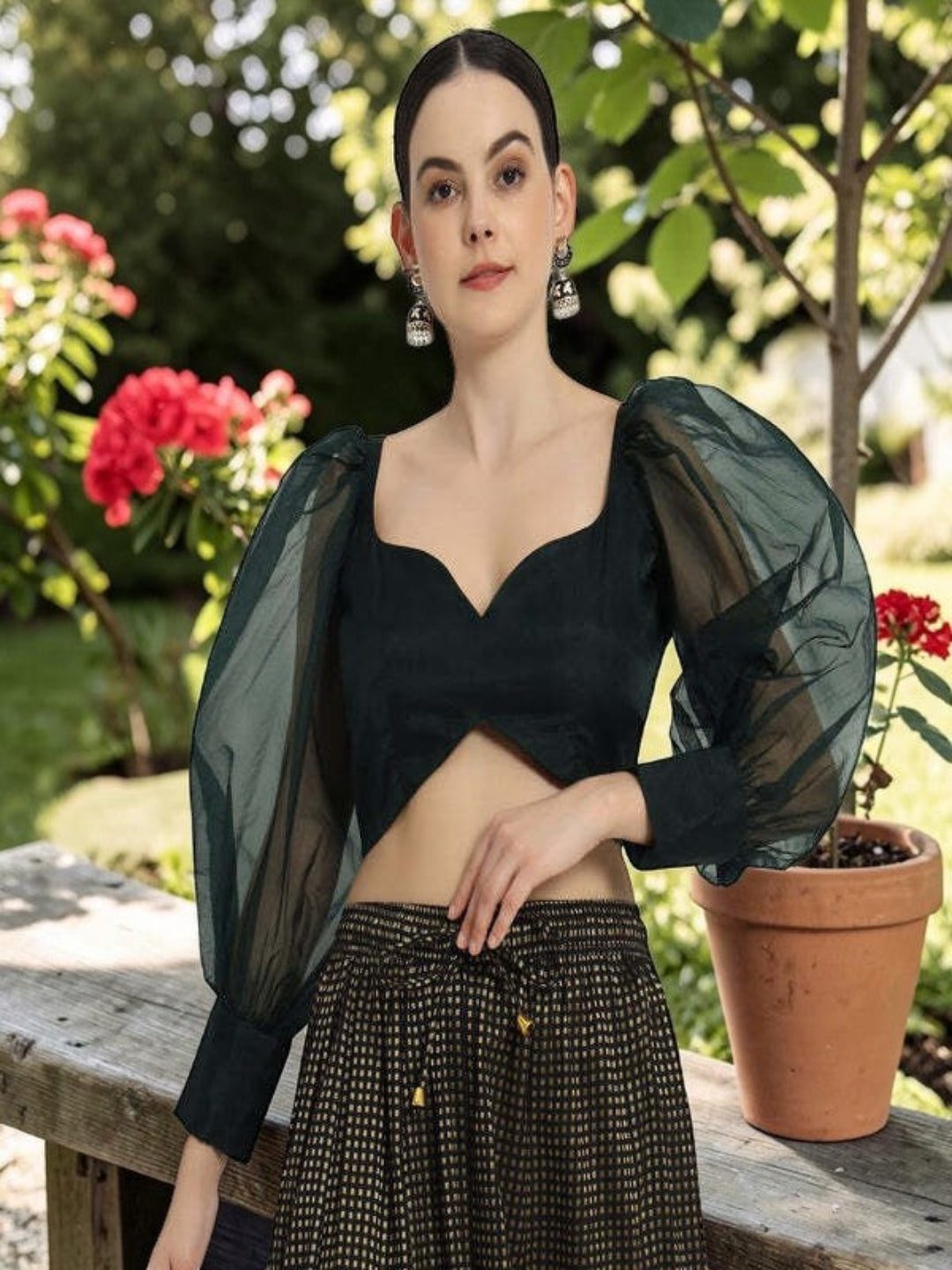Adaa Bazaar Women's Readymade Green Blouse with Full Sleeves