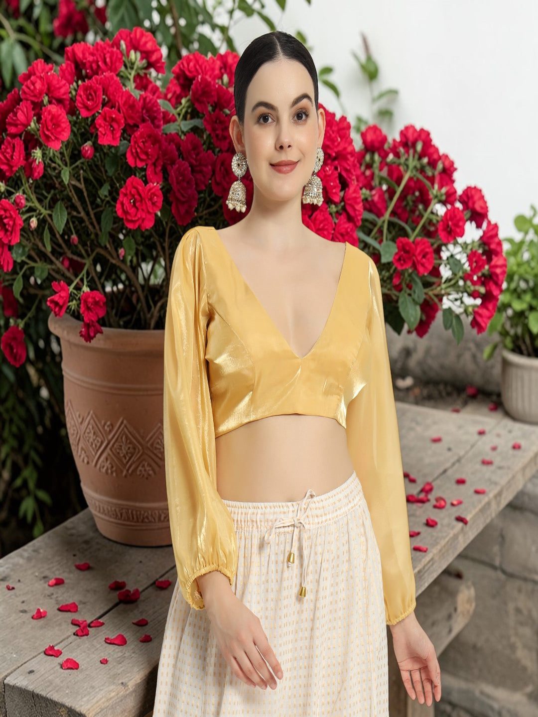 Adaa Bazaar Women's Readymade Golden Blouse with Full Sleeves V Neckline