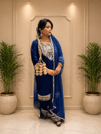 Adaa Bazaar Women's Royal Blue Colour Sequin and Mirror Work Suits with Dupatta