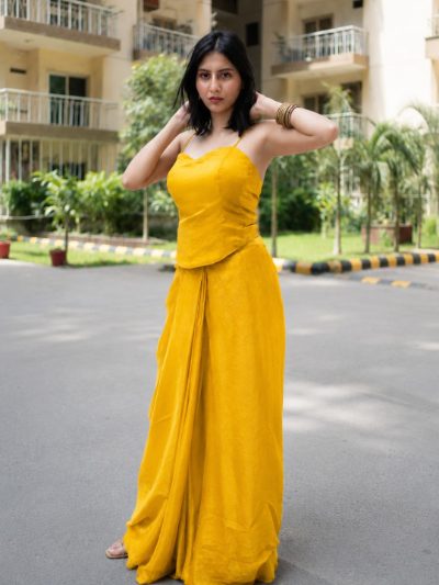 Adaa Designer Organza Drape Skirt with Sweetheart Neck Corset Blouse & Organza Dupatta