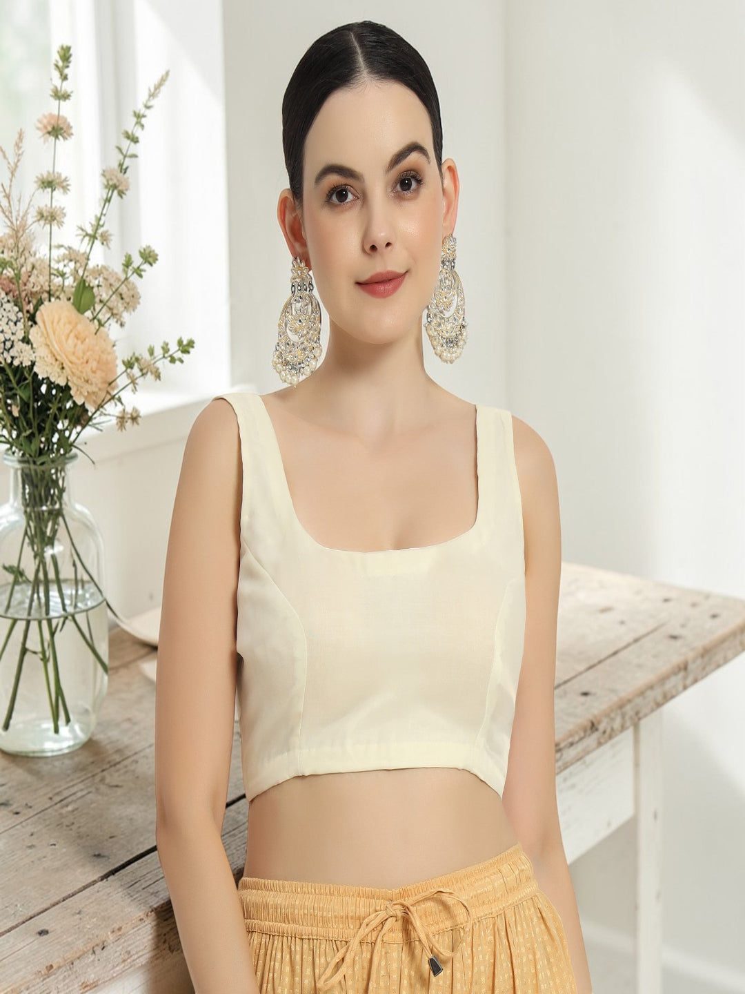 Adaa Bazaar Women's Readymade Cream Blouse with Cut Sleeves