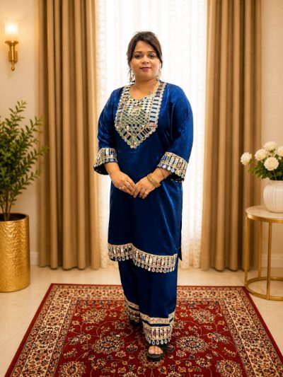 Adaa Bazaar Women's Royal Blue Colour Sequin and Mirror Work Suits with Dupatta
