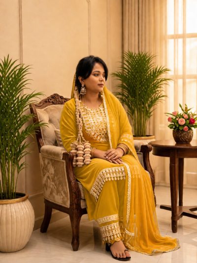 Adaa Bazaar Women's Yellow Colour Sequin and Mirror Work Suits with Dupatta