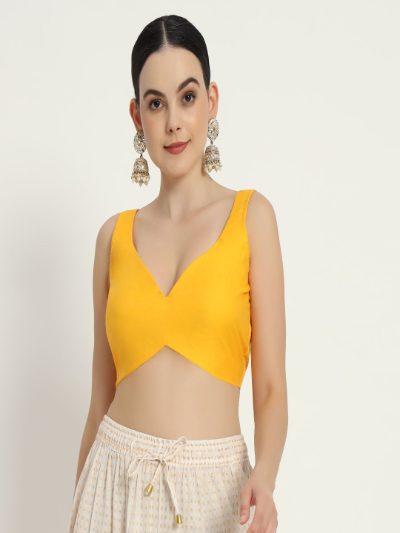 Adaa Bazaar Women's Readymade Yellow Blouse with Cut Sleeves