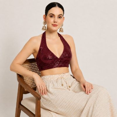 Adaa Bazaar Sequins Party Wear Cut Sleeves Stitched Halter Neck Blouse