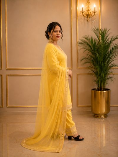 Adaa Bazaar Women's Yellow Elegant Party Wear and Haldi Function Dress