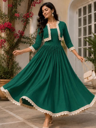 Adaa Bazaar Women's Cotton Cambric Calf-Length Dress with Half Jacket