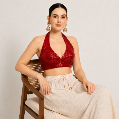Adaa Bazaar Sequins Party Wear Cut Sleeves Stitched Halter Neck Blouse