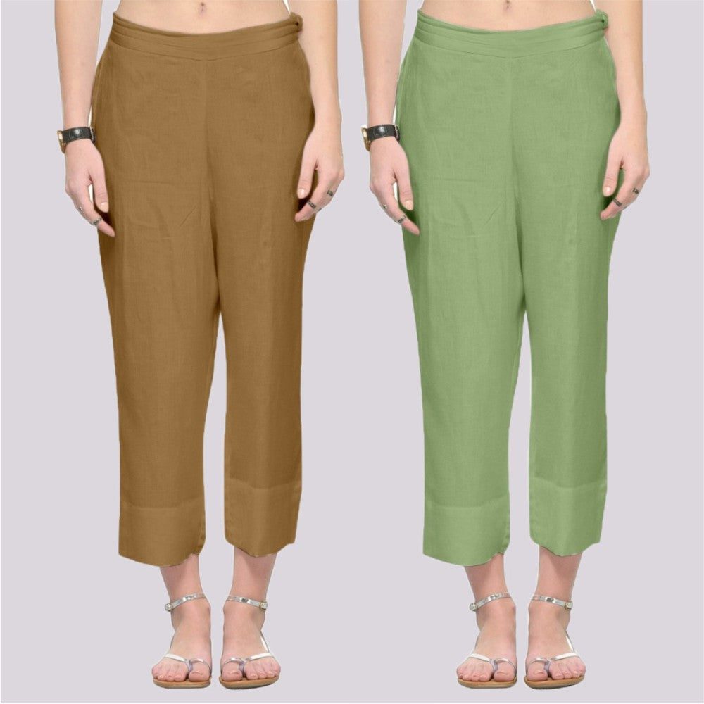 Adaa Bazaar Women's Combo of 2 Rayon Ankle Length Pant Beige and Olive Green