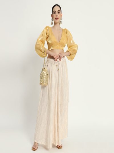 Adaa Bazaar Women's Readymade Golden Blouse with Full Sleeves V Neckline