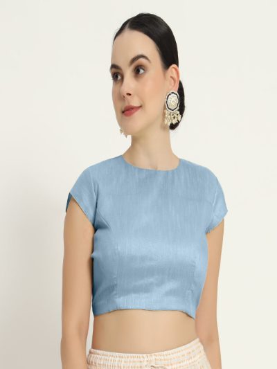 Baby Blue Pad Blouse with Sleeves and Front O-Neck Design