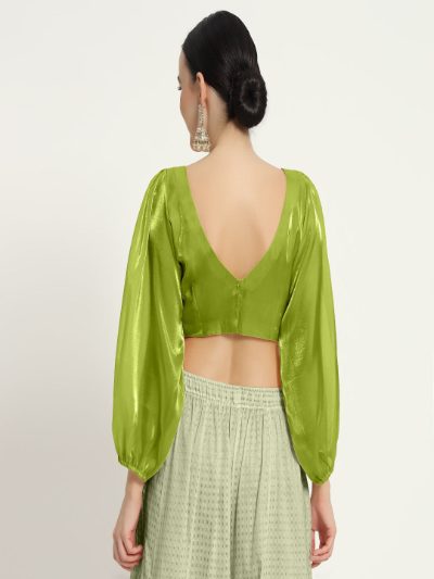 Neon V Neck Full Sleeves Blouse with Organza Fabric