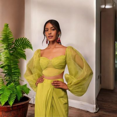 Adaa Bazaar Women's Sea Green Indo-Western Ready to Wear Saree with Stitched Blouse