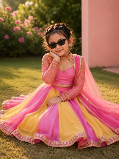 Adaa Bazaar Girls Pink & Yellow Hand Embroidery Lehenga Choli Set | Lightweight Festive Wear