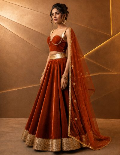 Adaa Bazaar Women’s Designer Velvet Lehenga Choli Set with Dupatta