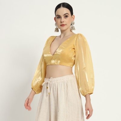 Adaa Bazaar Women's Readymade Golden Blouse with Full Sleeves V Neckline