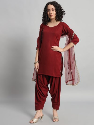 Adaa Bazaar Women's Readymade Patiala Suit (maroon) with Dupatta