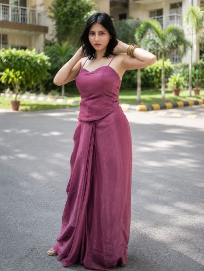 Adaa Designer Organza Drape Skirt with Sweetheart Neck Corset Blouse & Organza Dupatta