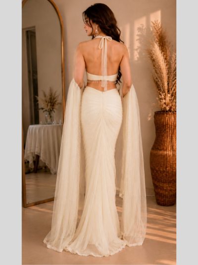 Adaa Bazaar Georgette Embellished Pre-Draped Skirt Set with Designer Halter Blouse and Dupatta