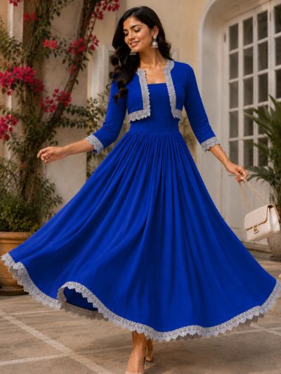 Adaa Bazaar Women's Cotton Cambric Calf-Length Dress with Half Jacket